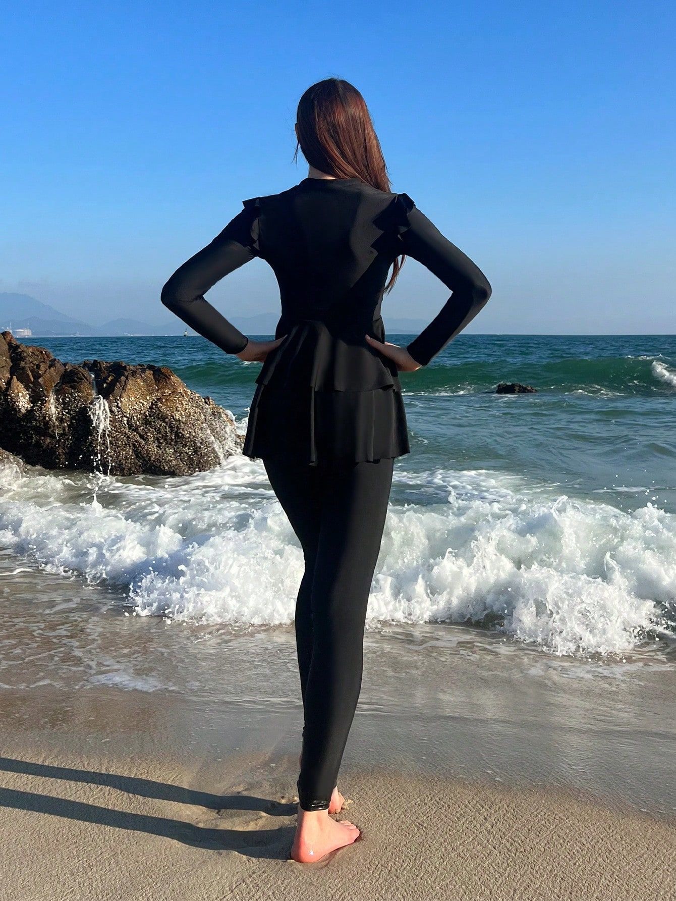 Women 2 Piece Ruffle Modest Swimsuit - Long Sleeves Conservative Bathing Suit